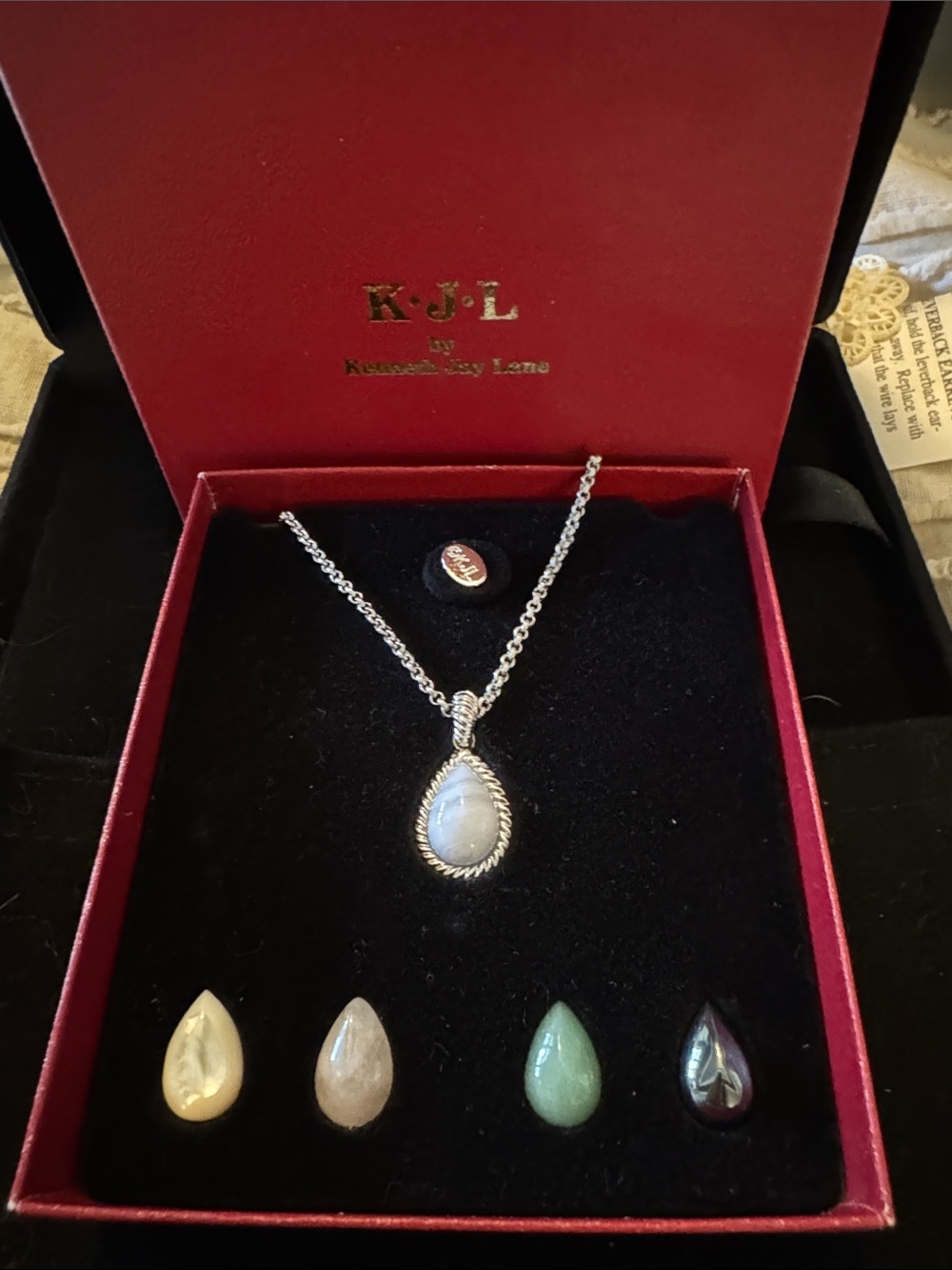 Kenneth Jay Lane Silver Teardrop Necklace with Interchangeable Gemstones - White